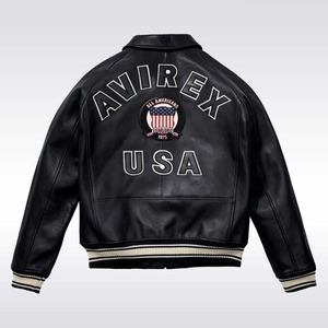 เสื้อแจ็คเก็ตบอมเบอร์หนังสีดำ Avirex สำหรับผู้ชาย พร้อมแพทช์สไตล์สตรีทแวร์ เป็นมิตรกับสิ่งแวดล้อมและกันลม - Product Image 2