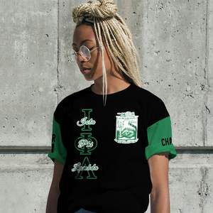Camiseta Iota Phi Lambda con Bloques de Color Negro y Verde, Cuello Redondo, Diseño Personalizado del Capítulo, Unisex, Estilo Griego, Informal - Product Image 3