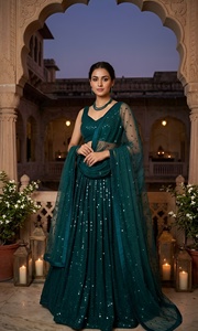 Lehenga en georgette avec broderies de sequins, style designer, pour occasions spéciales, accompagné d'un chemisier et d'un dupatta - Product Image 3