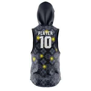 Custom Hooded Basketball Jersey Set Black Gray Yellow Pattern Player 10 Mashadi Printed Sleeveless <b>Top</b> <b>Shorts</b> Uniform - Product Image 6
