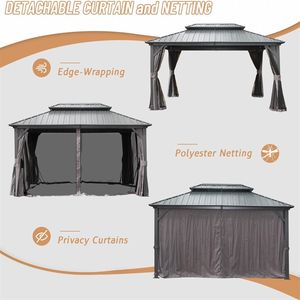 12 X 16 Hardtop Aluminum Metal Gazebo with Galvanized Steel Double <b>Roof</b> <b>Canopy</b> & Curtain Netting Permanent Pergola - Product Image 6