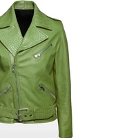 Blouson de motard en cuir véritable pour femme, personnalisé pour université, vert olive, vert lime, effet croco, col à revers, OEM, ceinturé, fermeture éclair