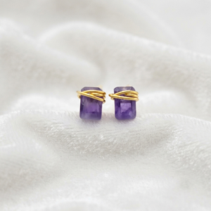 Ratnarachit Handmade Wire-Wrapped Amethyst <b>Stud</b> <b>Earrings</b> 14K Gold Plated Brass Baguette Cut Minimalist Gift - Product Image 4