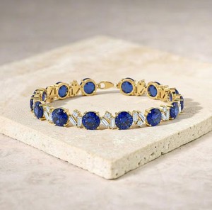 Lab Grown Blue Sapphire <b>Charm</b> Bracelet in 925 Sterling <b>Silver</b> Gold Plated Luxury Elegant September Birthstone Jewelry - Product Image 1
