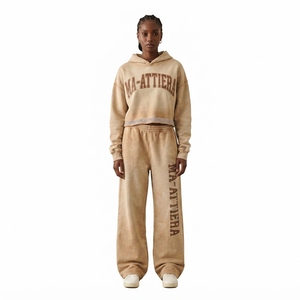 Custom <b>Women</b> Acid Wash <b>Beige</b> Cropped Hoodie Jogger Set Cotton Fleece Streetwear <b>Tracksuit</b> OEM Wholesale - Product Image 1