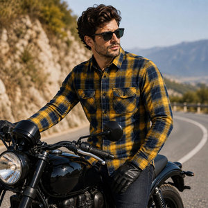 Men's Full Sleeve Plaid Shirt Yellow <b>Navy</b> Checkered Cotton Long Sleeve Button Down Casual Shirt For Adults Autumn - Product Image 6
