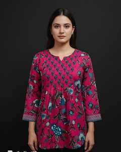 <b>Women</b> Wear <b>Red</b> Floral Printed Pure Cotton Kurti and Top Loose Fit Traditional Casual Wear India Style Daily Wear Top Kurtis - Product Image 6