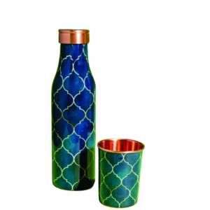 Ensemble de gourde et de gobelet en cuivre pur ayurvédique anti-fuite Prisma Designs, motif marocain Jali |   Écologique Unisexe - Product Image 1