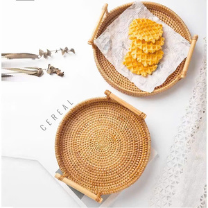 Set of 3 Round Rattan Serving Trays Handwoven Natural Wicker Tray Set for Food Serving Home Decor and Restaurant <b>Display</b> - Product Image 1