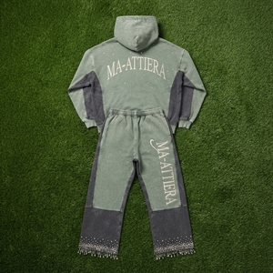 Ensemble survêtement homme personnalisé en molleton de coton, deux tons vert et noir, avec strass, style streetwear, vente en gros OEM - Product Image 5