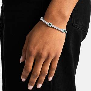 Classic 925 Silver Rhodium Plated <b>Chain</b> Bracelet With Emerald Cut Diamond Bezel Setting Geometric Design For Women Everyday Wear - Product Image 1