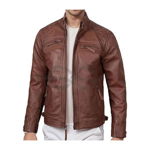 Chaqueta de motorista de piel de cordero auténtica personalizable para hombre, ropa de abrigo Vintage para motocicleta con cuello levantado - Product Image 1