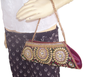 Beaded Half Moon Clutch Bag Pink Gold <b>Green</b> Embroidery Sparkling Evening Party Style - Product Image 3