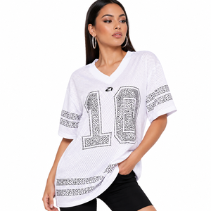 Women’s Luxury Black Rhinestone Mesh Football Jersey Custom Oversized V Neck Sports Top Private Label Apparel Manufacturer USA - Product Image 1