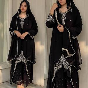 Salwar Kameez noir brodé avec travail de miroir, longueur au sol, tenue traditionnelle indienne pakistanaise pour mariage, en polyester - Product Image 4