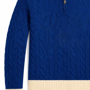 Women's Blue Cable Knit Half-Zip Cardigan With Contrast Trim Stand Collar Long Sleeve Autumn Classic Style Wholesale <b>University</b> - Product Image 2