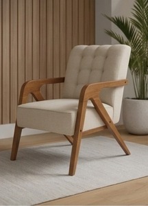 Fauteuil d'appoint capitonné en tissu de style Mid-Century Modern, fauteuil lounge individuel en bois massif pour salon - Product Image 3