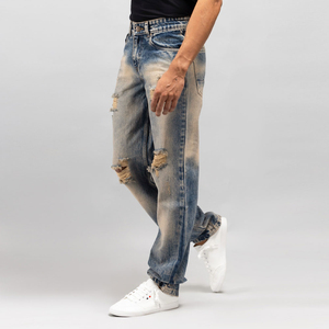 Jean en denim déchiré et délavé pour homme, coupe droite, taille haute, ample, décontracté, en coton, style délavé, idéal pour le printemps - Product Image 4