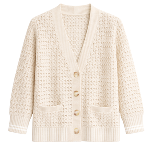 Cardigan décontracté en maille ouverte pour femme, boutonné sur le devant, en mélange de coton texturé, léger, pull décontracté pour superposition, haut élégant pour tous les jours - Product Image 1
