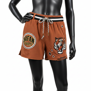 Shorts de baño para mujer, 230 GSM, suaves, de poliéster y algodón, color naranja óxido, cintura elástica, con logo bordado en chenilla. - Product Image 6