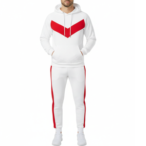 Ensemble de survêtement pour homme OEM blanc et rouge vif - Sweat à capuche Chevron V-Shape Color Block et pantalon assorti - Product Image 1