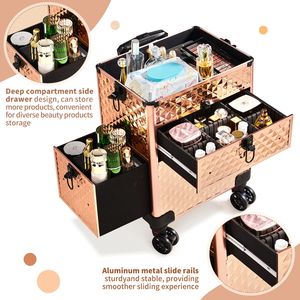 Trousse de Maquillage 2-en-1 avec Tiroir Coulissant Avant, Tiroir Plat Gauche, Motif Diamant, Aluminium Champagne, Roulettes Amovibles, Cosmétiques - Product Image 5