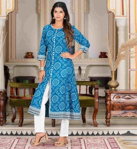 Blue Bandhej Printed <b>Kurti</b> Collection Anarkali <b>Kurti</b> And Cambric Slub Short <b>Kurti</b> Ethnic Women Clothing Stylish Daily Wear - Product Image 4