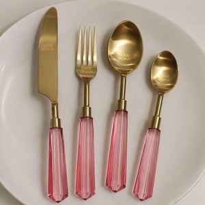 <b>Mirrored</b> Steel Flatware Set Wholesale Wedding Spoon Gold Stainless Steel Cutlery Set with pink <b>Acrylic</b> Handle Luxury Flatware - Product Image 1