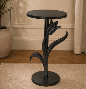 <b>Black</b> <b>Round</b> Metal <b>Side</b> <b>Table</b> Floral Leg Accent <b>Table</b> Modern Living Room End <b>Table</b> - Product Image 1