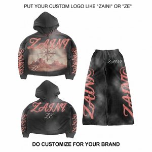 Premium Winter 320 GSM 100% Cotton Black Solid Tracksuit Custom <b>Rhinestone</b> Logo Print Hooded <b>Jacket</b> Wide Leg Pants Set - Product Image 1