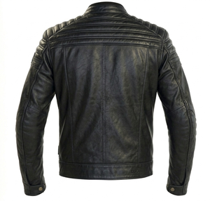 แจ็คเก็ตหนังแท้สีดำสไตล์วินเทจสำหรับผู้หญิง แบบคาเฟ่เรเซอร์ กันลมสำหรับฤดูหนาว บุผ้าควิลท์ที่ไหล่ หนังแกะและหนังวัวคุณภาพพรีเมียม - Product Image 2