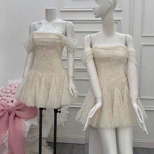 Vestido Midi Personalizado para Mujer, Romántico y Elegante, con Encaje y Volantes, Hombros Descubiertos, Corte en A, para Fiesta de Bodas - Product Image 4