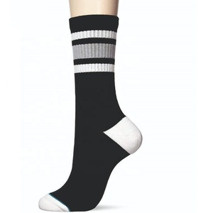 Men's <b>Black</b> Crew <b>Socks</b> with White Stripes Knitted Breathable Athletic Style Spring Wear - Product Image 1