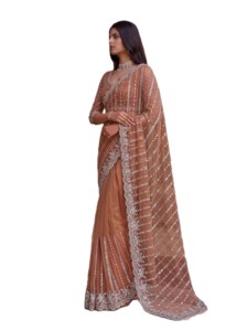 Sari de designer RN, magnifique sari en tulle marron avec broderies argentées et perles, longueur ras du sol, pour mariage et soirée, style Bollywood pour femme - Product Image 2