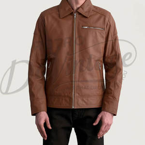 Chaqueta de cuero marrón para hombre, piel de oveja auténtica, corte ajustado, para otoño e invierno, estilo casual, tipo moto, con cuello de camisa y cierre de cremallera. - Product Image 1