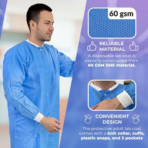 Camici da Laboratorio Monouso Extra Large per Adulti, Confezione da 10, Blu, SMS, Lunghezza al Ginocchio, Camici Medici 60 GSM, Uniformi Ospedaliere, Camici Monouso - Product Image 3