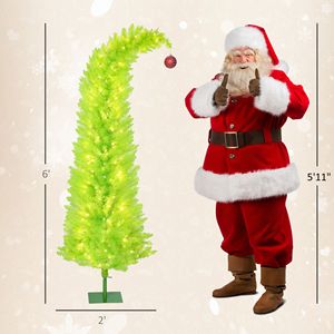 Albero di Natale Fantasioso con Cima Curva di 6 Piedi, Albero Natalizio a Forma di Matita con Palline Rosse, Base in Metallo, Preilluminato con 230 Luci LED - Product Image 3