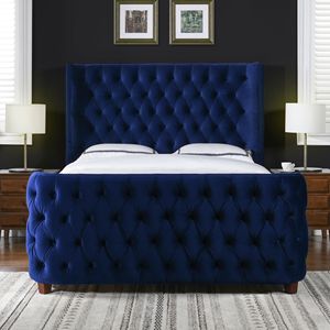 Set letto Brooklyn King in velluto blu navy trapuntato con testiera e pediera - Product Image 1