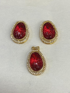 Juego de Pendientes con Colgante de Piedra Tallada Roja, Chapado en Oro Amarillo de 22K, Joyería Nupcial India Tradicional, Regalo de Boda para Mujer - Product Image 3