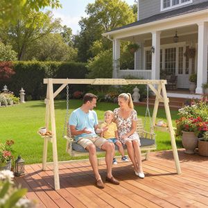 Dondolo a 3 posti in legno naturale con supporto e cuscini per giardino, bordo piscina o cortile - Product Image 2