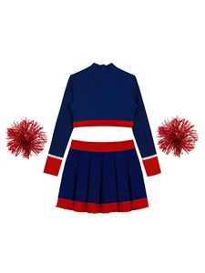 Ensemble d'uniformes de cheerleading pour filles, haut court à manches longues, jupe plissée, tenue de danse avec nœud, pompon et chaussettes hautes jusqu'aux genoux - Product Image 3