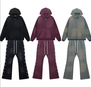 Men's Washed Fleece Zip Hoodie & <b>Flared</b> <b>Sweatpants</b> Set Embroidered Patch Tracksuit Streetwear 2-Piece <b>Wholesale</b> OEM - Product Image 2