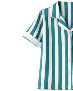 Conjunto de pijama para mujer a rayas azul verdoso y blanco, de manga corta, con botones, de satén, de dos piezas, para dormir y descansar. - Product Image 4
