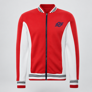 Veste universitaire rouge et blanche pour homme, fermeture éclair sur le devant, logo brodé, style sportif, coupe classique, col rabattu, vêtement d'extérieur en polaire - Product Image 1