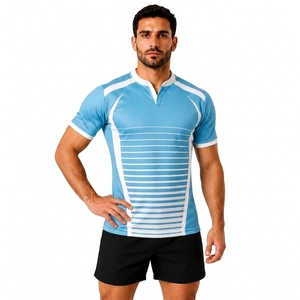 Maillot de rugby à manches courtes rayé bleu clair pour homme, col en V, respirant, ajusté, pour les sports d'équipe et l'entraînement - Product Image 1