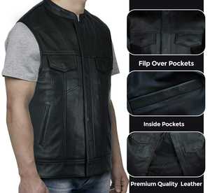 Gilet tactique réversible en cuir véritable 100% pour homme, respirant, style motard, pour club de motards, automne - Product Image 5