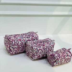 ชุดกระเป๋าเครื่องสำอางทำมือรักษ์โลก สีชมพู ลายควิลท์แบบอินเดีย ผ้าฝ้ายพิมพ์ลายบล็อก พร้อมซิป สำหรับเดินทาง - Product Image 3