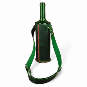 Porte-bouteille de vin en cuir vert gaufré, support simple avec sangle et anneau métallique, 140g - Product Image 1