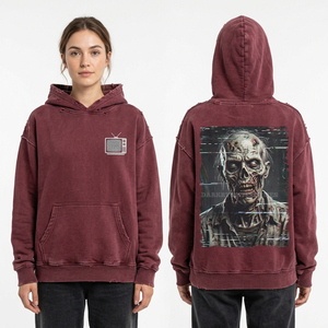 เสื้อฮู้ดดี้โอเวอร์ไซส์สีแดงเลือดหมูสำหรับผู้หญิง สไตล์วินเทจแบบทำเก่า ลายกราฟิกซอมบี้ดิจิทัล พร้อมพิมพ์ลายแบบดิจิทัล  เสื้อฮู้ดดี้แบบสวมหัวสั่งทำพิเศษ - Product Image 1