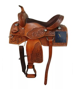 อานม้าหนังแท้สไตล์ตะวันตกสำหรับแข่งม้า ลายดอกไม้และตะกร้า ประดับโลหะแกะสลักลาย คอนโชส์สีน้ำตาล เบาะบุนวม พร้อมชุดอุปกรณ์ ขนาด 10"–18" - Product Image 1